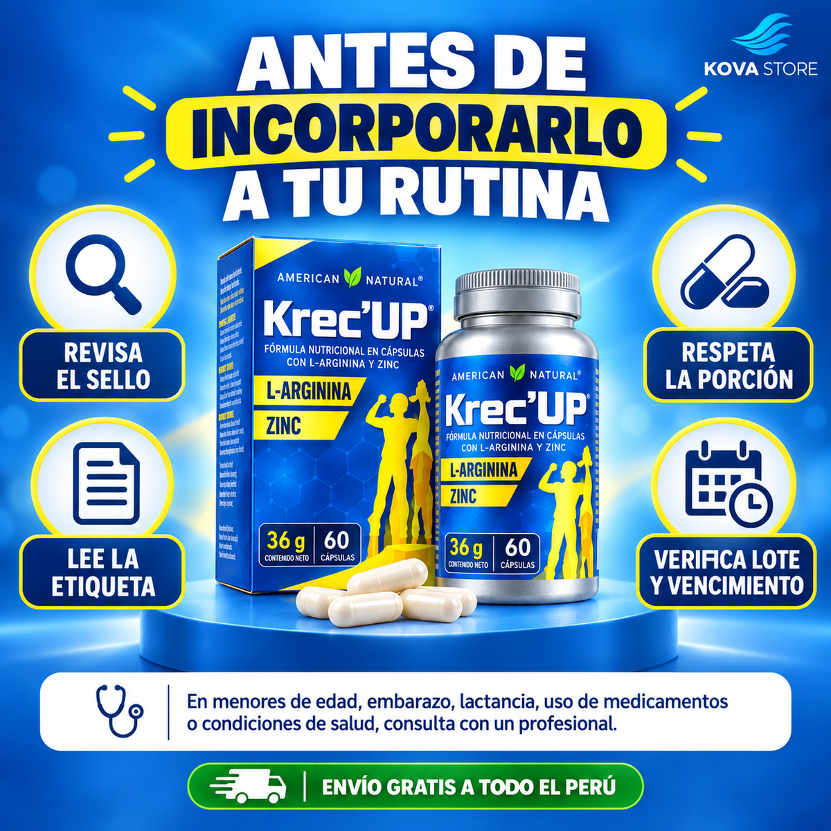 Krec'Up American Natural - L arginina + zinc para crecimiento y energía (9-22 AÑOS)