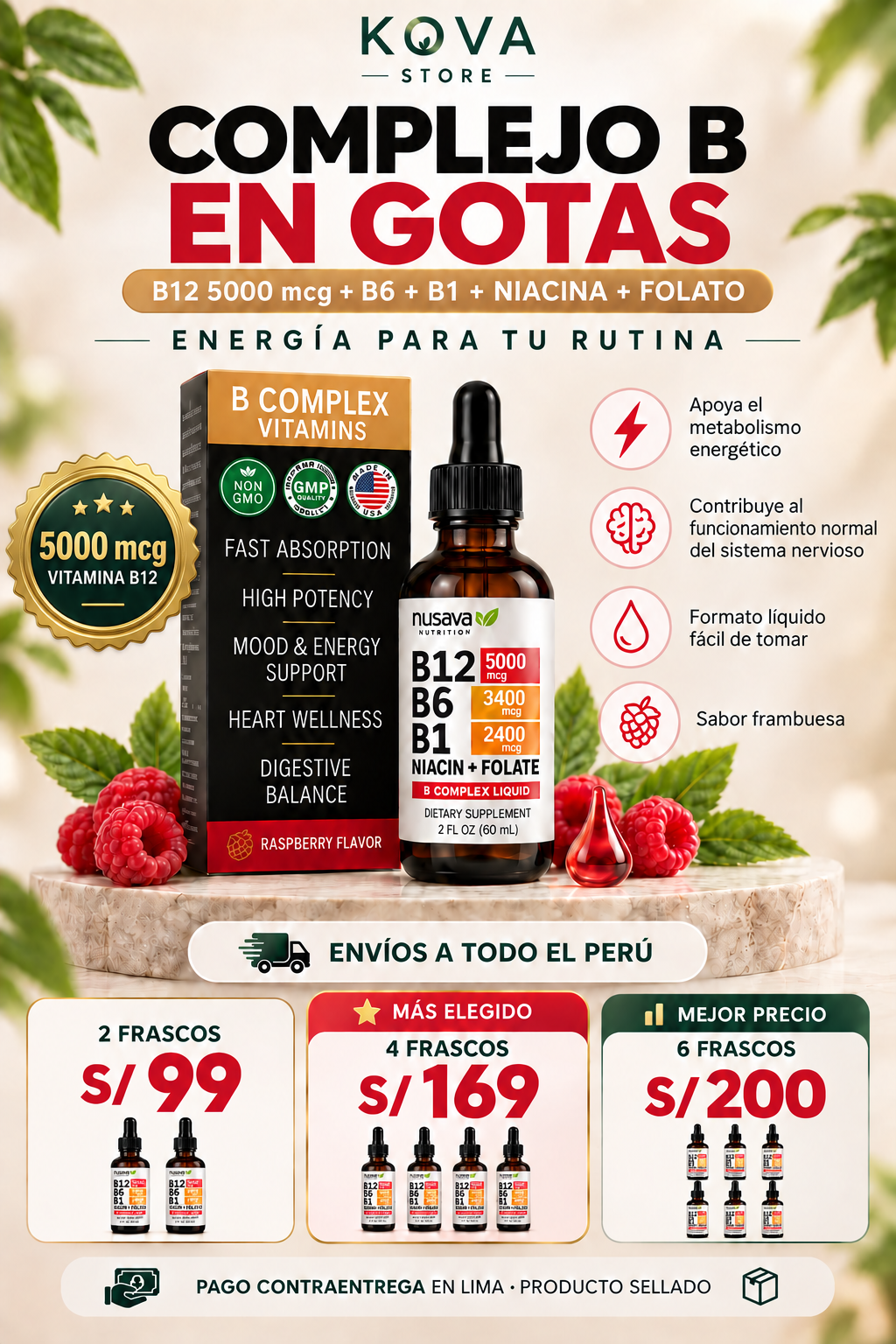 Vitamina B12 5000 mcg en Gotas — Complejo B Líquido Alta Potencia (Caja x2)