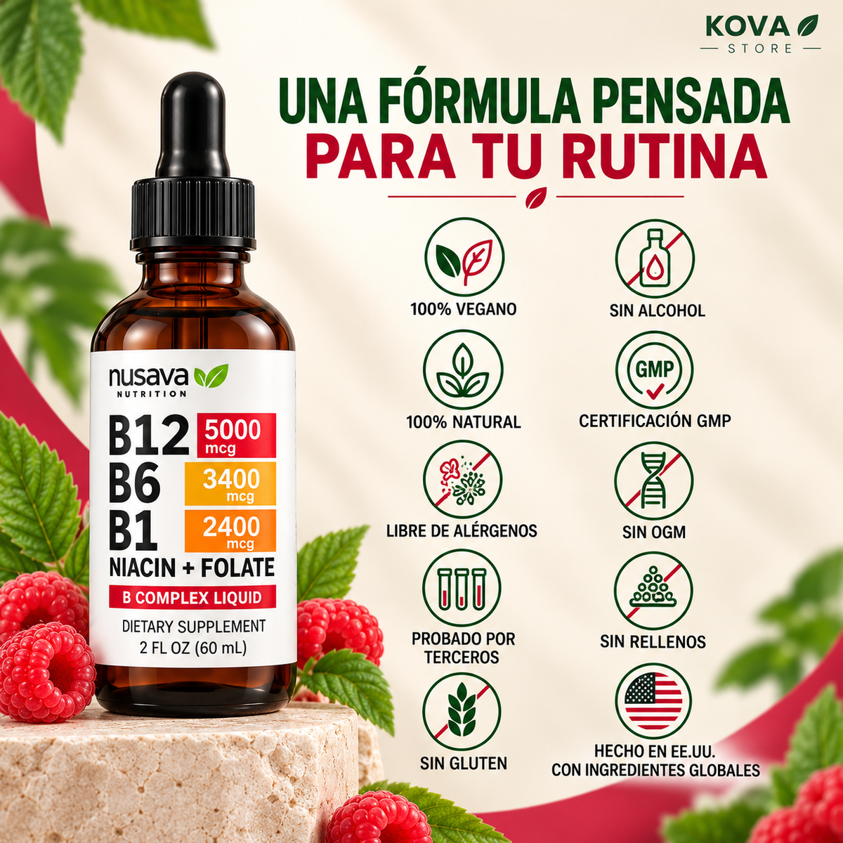Vitamina B12 5000 mcg en Gotas — Complejo B Líquido Alta Potencia (Caja x2)