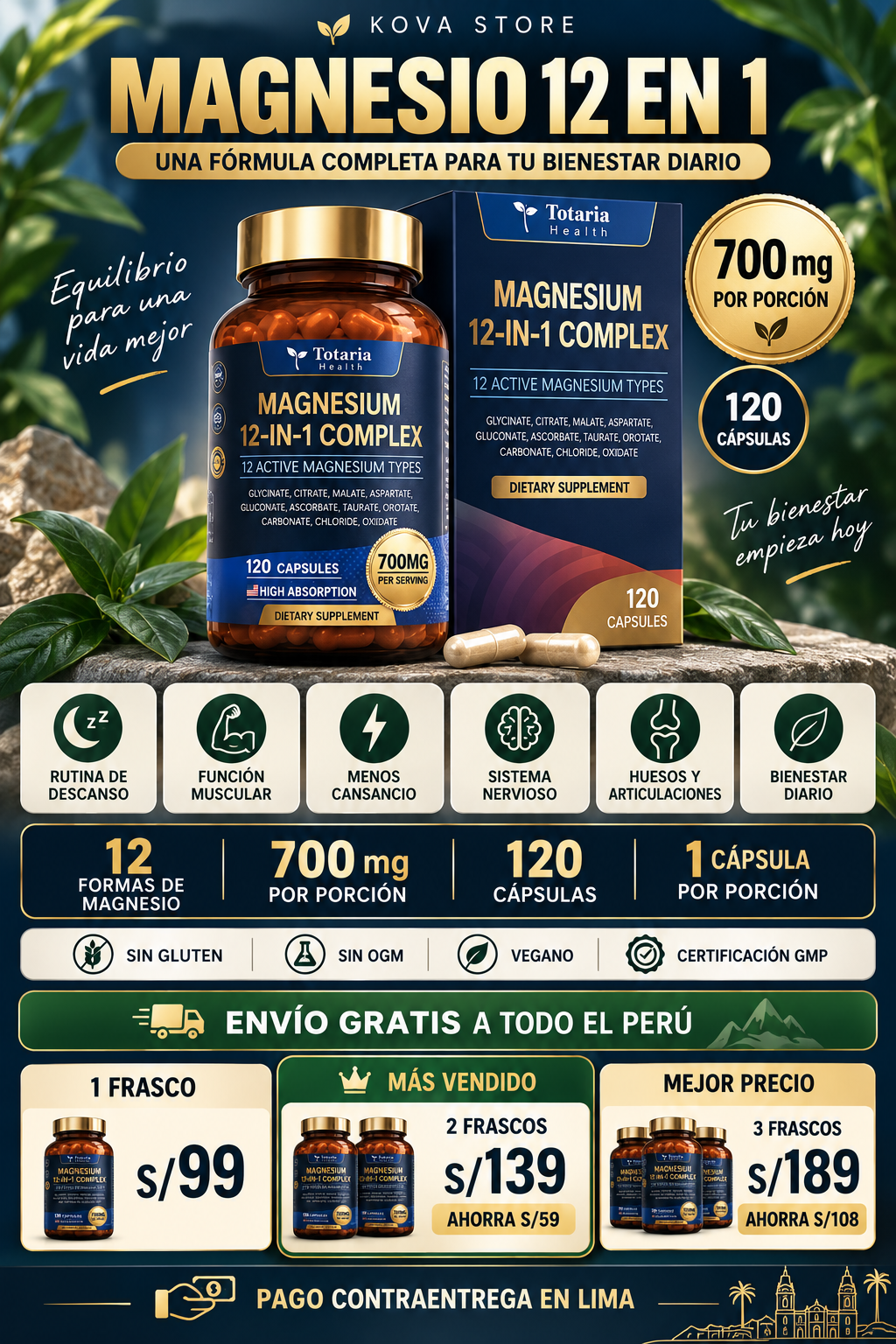 Magnesio 12 en 1 — Fórmula Completa 700 mg (120 cápsulas)