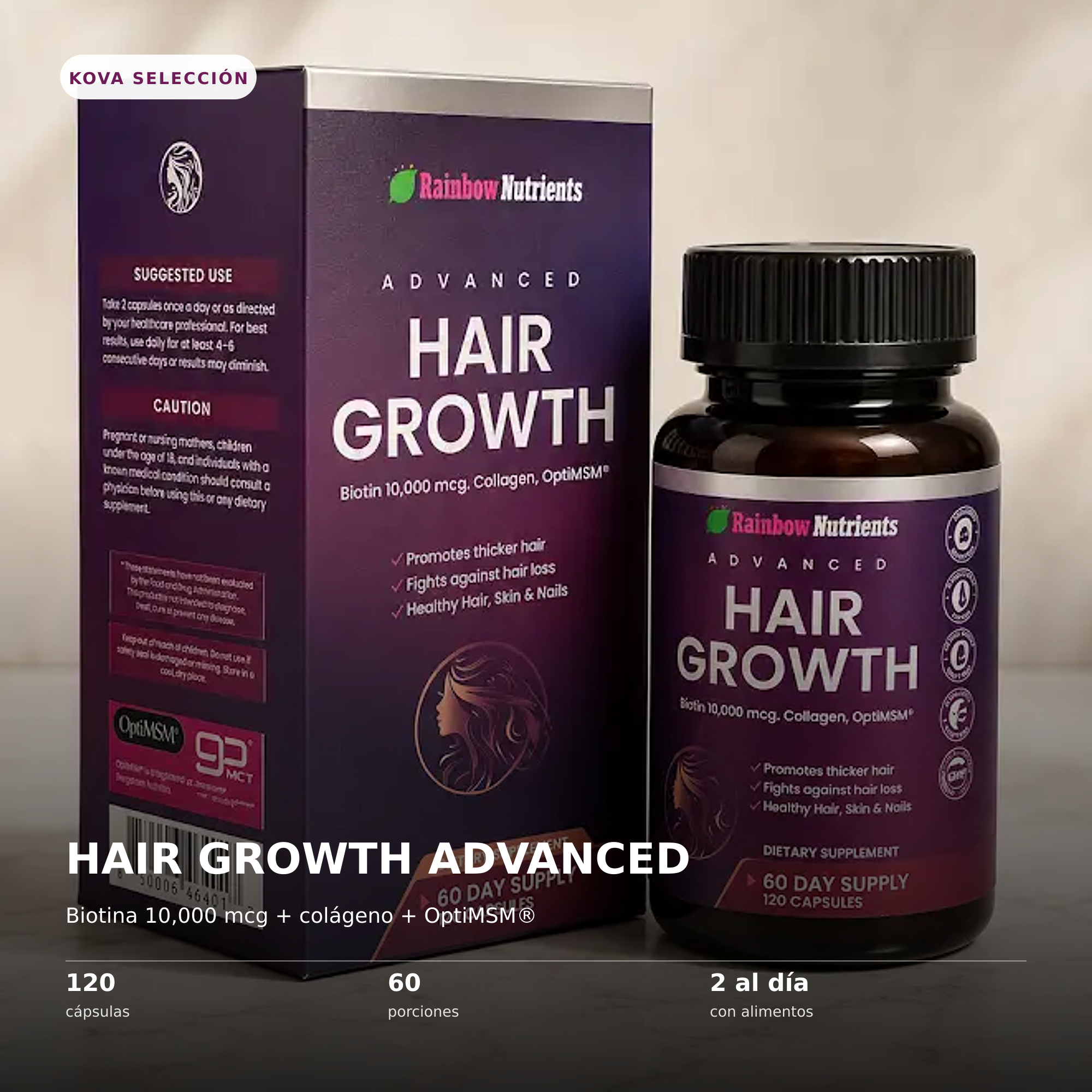 Hair Growth Advanced de Rainbow Nutrients, presentación real de 120 cápsulas