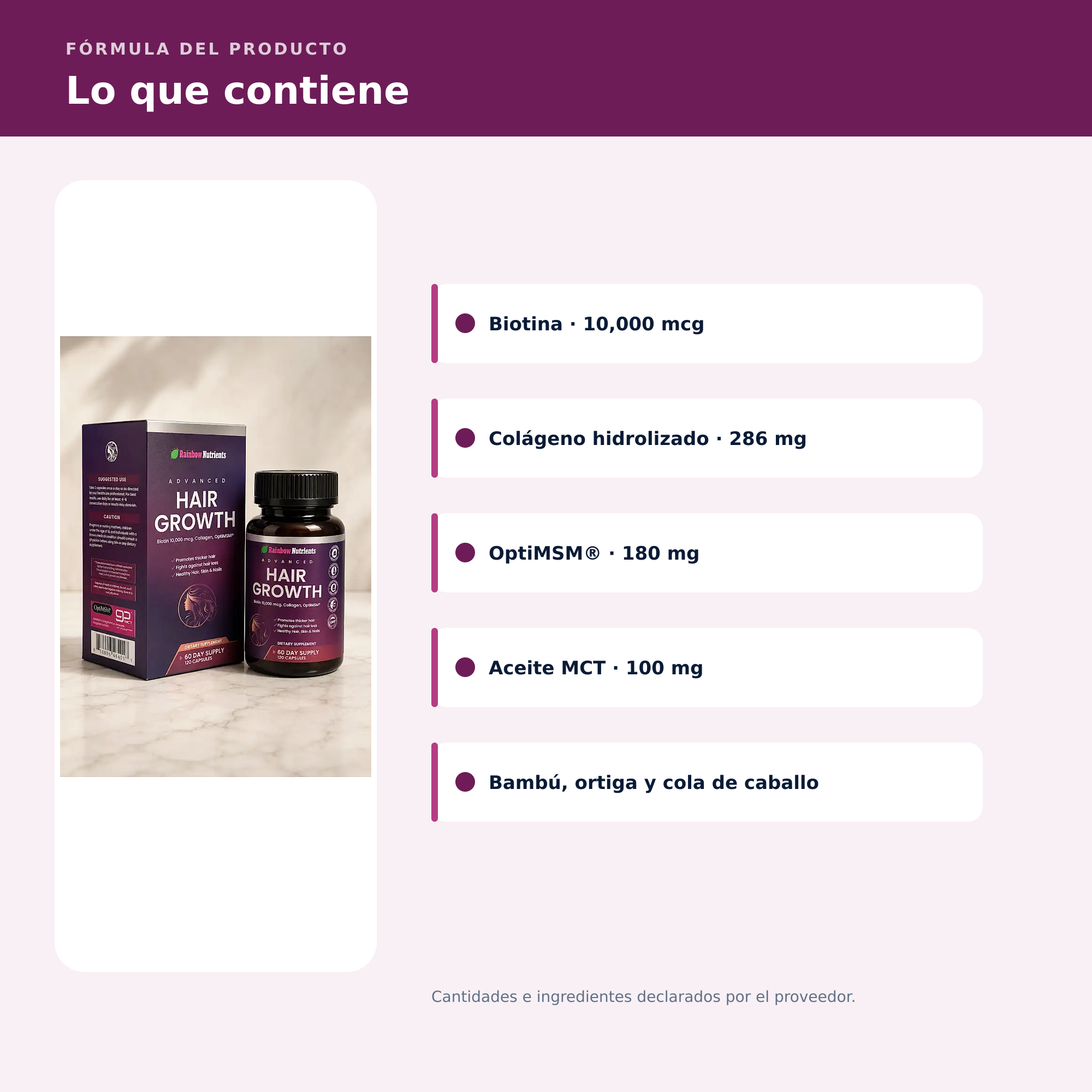 Ingredientes destacados de Hair Growth Advanced con biotina, colágeno y OptiMSM