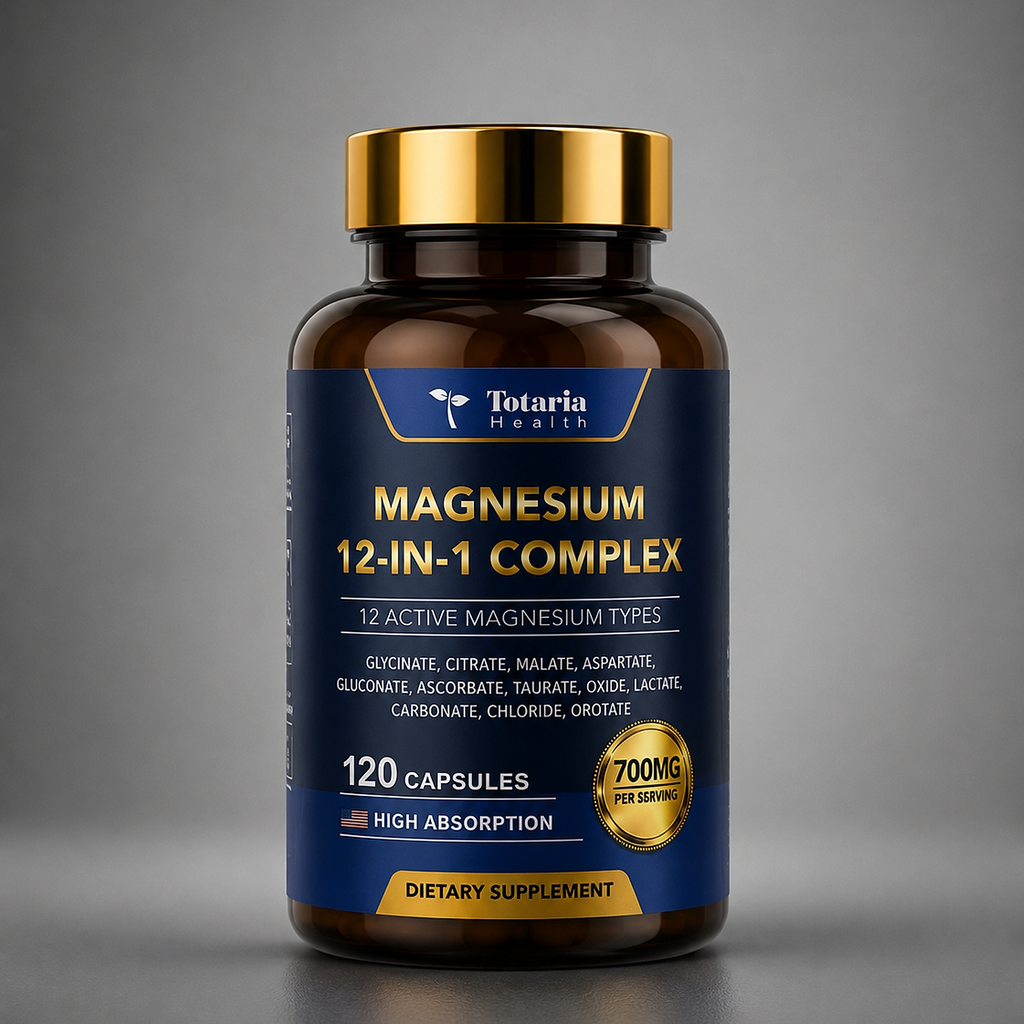 Magnesio 12 en 1 Totaria Health, fotografía frontal real del producto