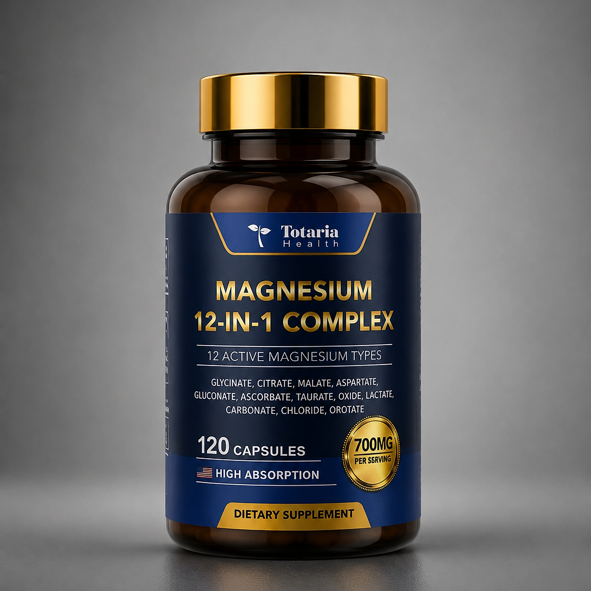 Magnesio 12 en 1 Totaria Health, fotografía frontal real del producto