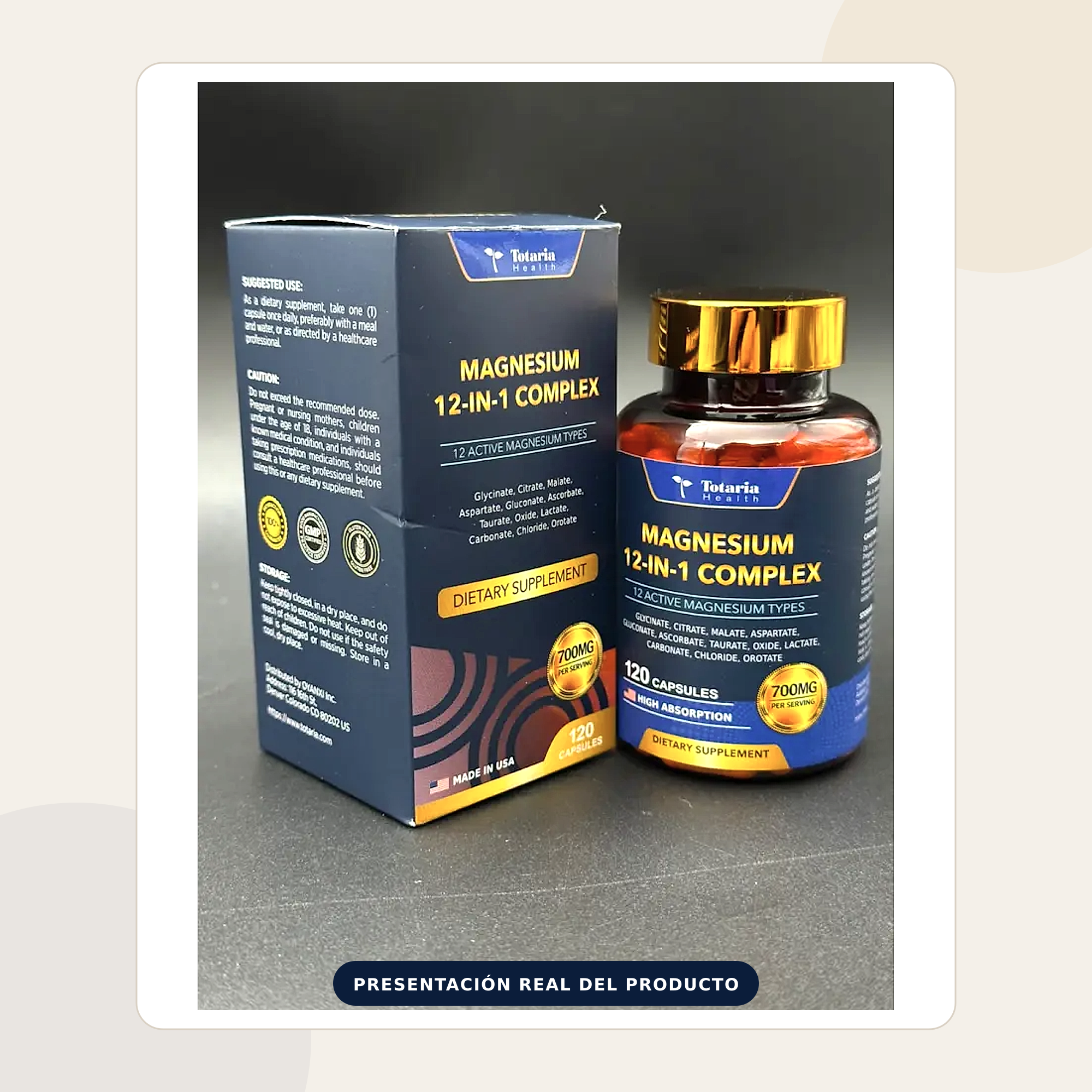 Presentación real del Magnesio 12 en 1 con caja y frasco