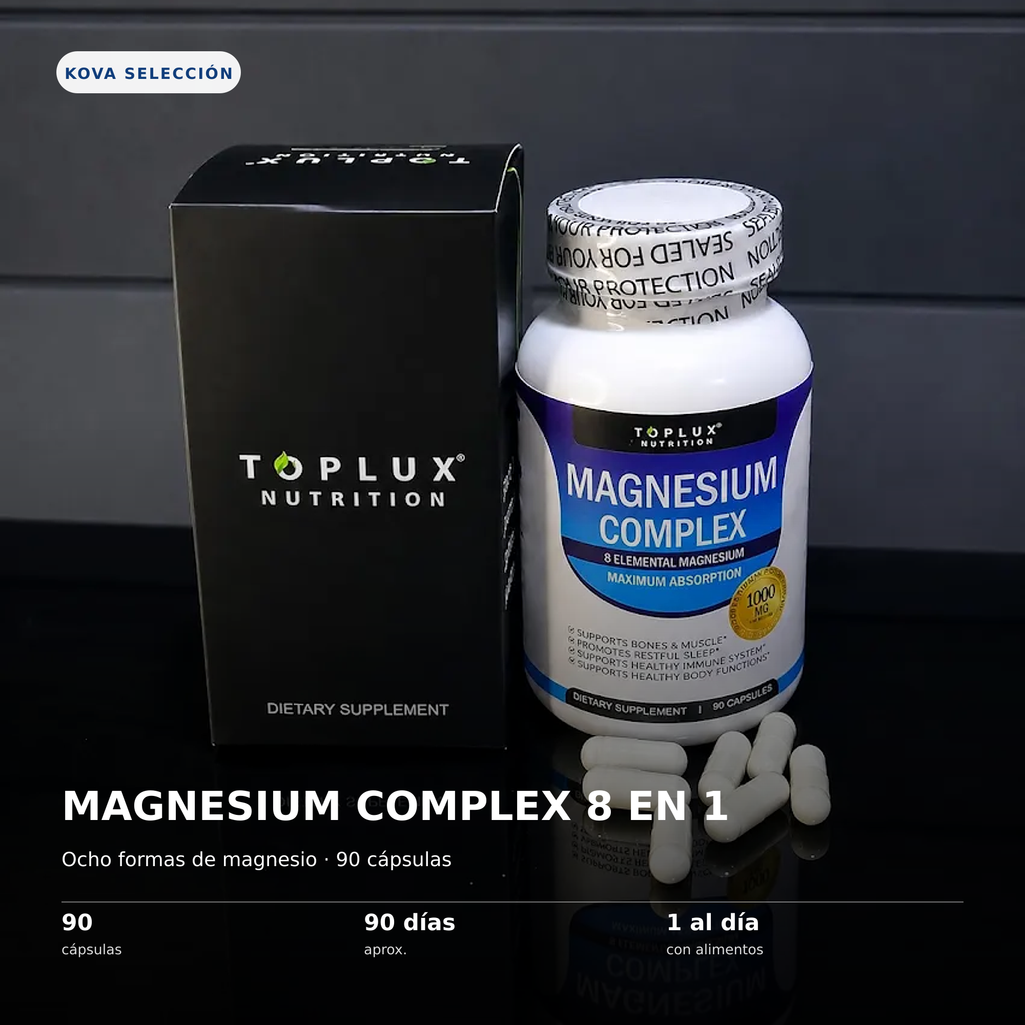 Magnesium Complex 8 en 1, fotografía real y presentación del producto