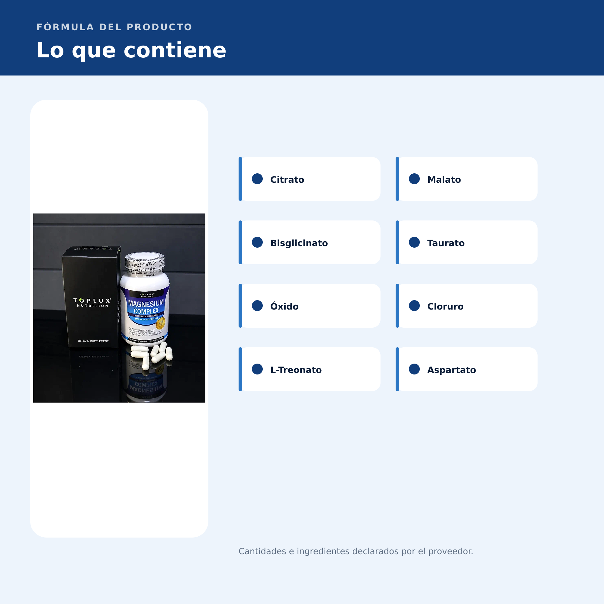 Magnesium Complex 8 en 1: ingredientes destacados declarados por el proveedor