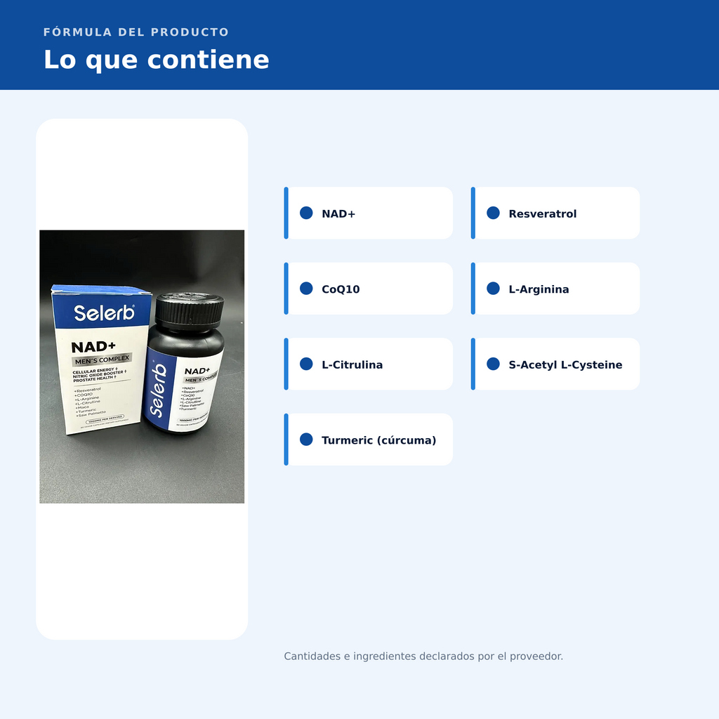 Selerb NAD+ Men's Complex: ingredientes destacados declarados por el proveedor